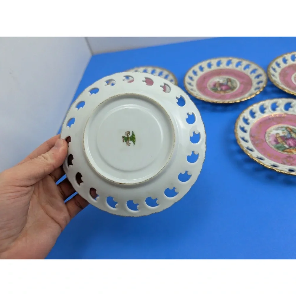 Vtg Kanekoh Japan Fine China Set of 5 Reticulated Saucer Plate Victorian Lover
